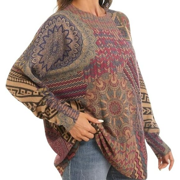 YESNO Womens Slouchy Oversized Sweater Drop Shoulders Artsy Multicolor Knit Boho - Picture 7 of 7